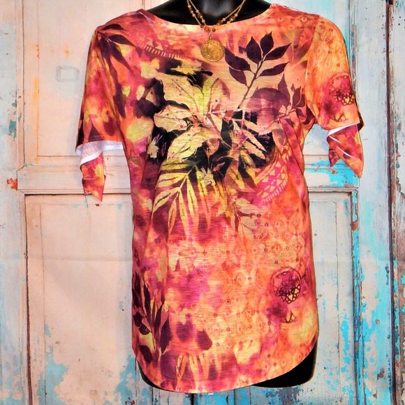 Time and Tru Tops - NWT Vivid Colors Leafy Print w/Tie or Flap Sleeves